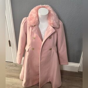 Girl Pink Overcoat With Furry Trim, Lapel, Cute Button Closure- Great condition